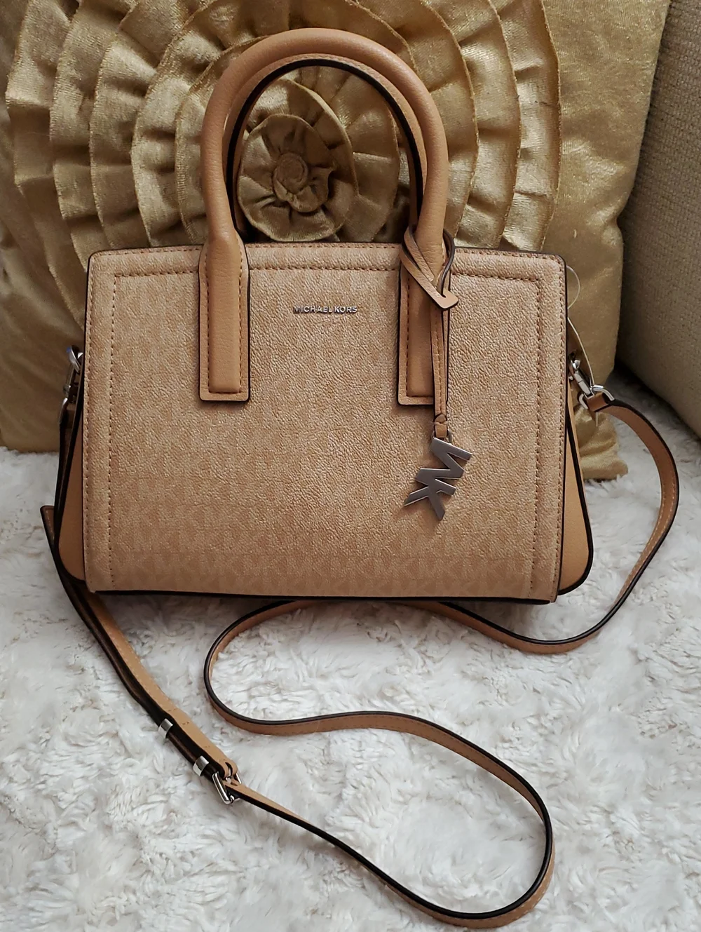 New With Tag Michael Kors Beige-Tan Signature Satchel with MK Charm